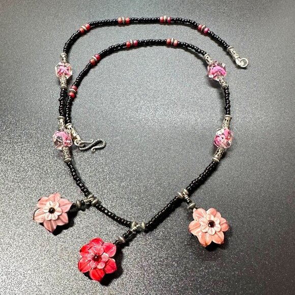 Artisan Made Floral Pendant Beaded Necklace With Pink Black Glass Beads - Picture 2 of 4